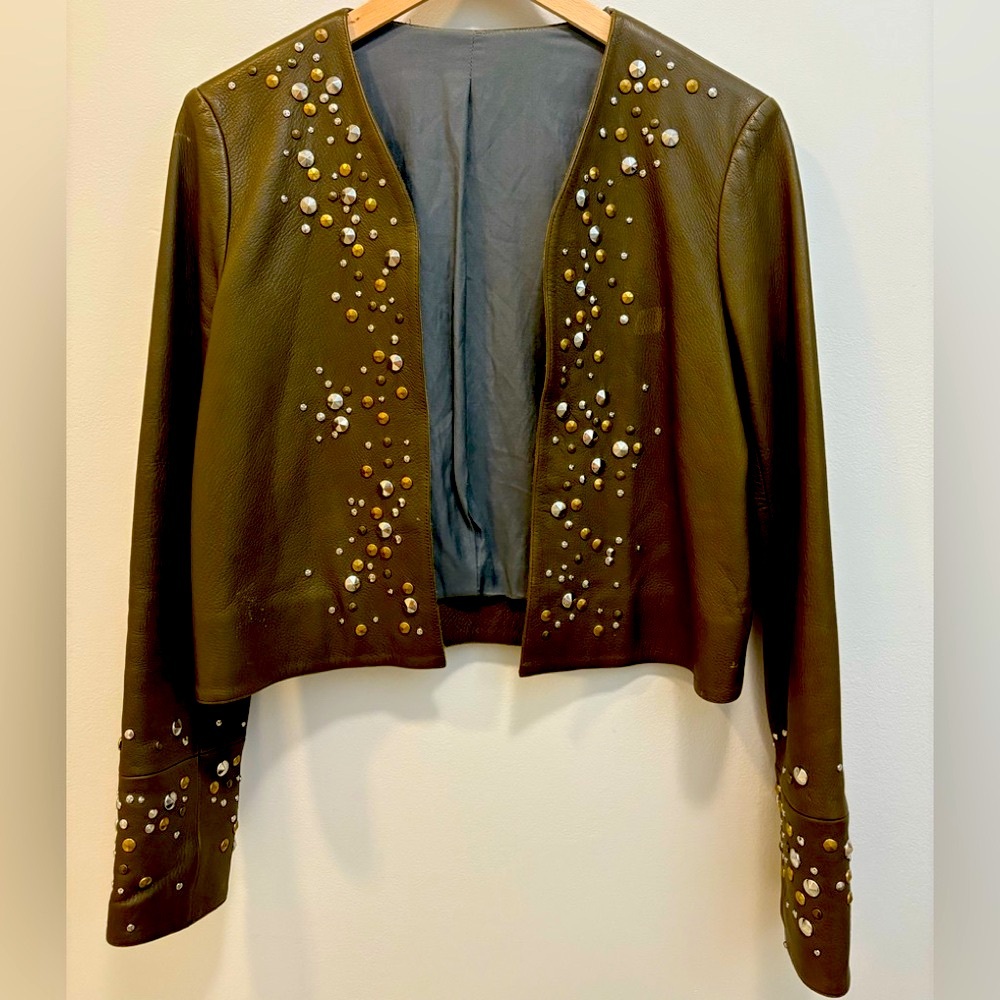 Vintage from Paris. Embellished Olive Khaki Leather Jacket, Fits S and M